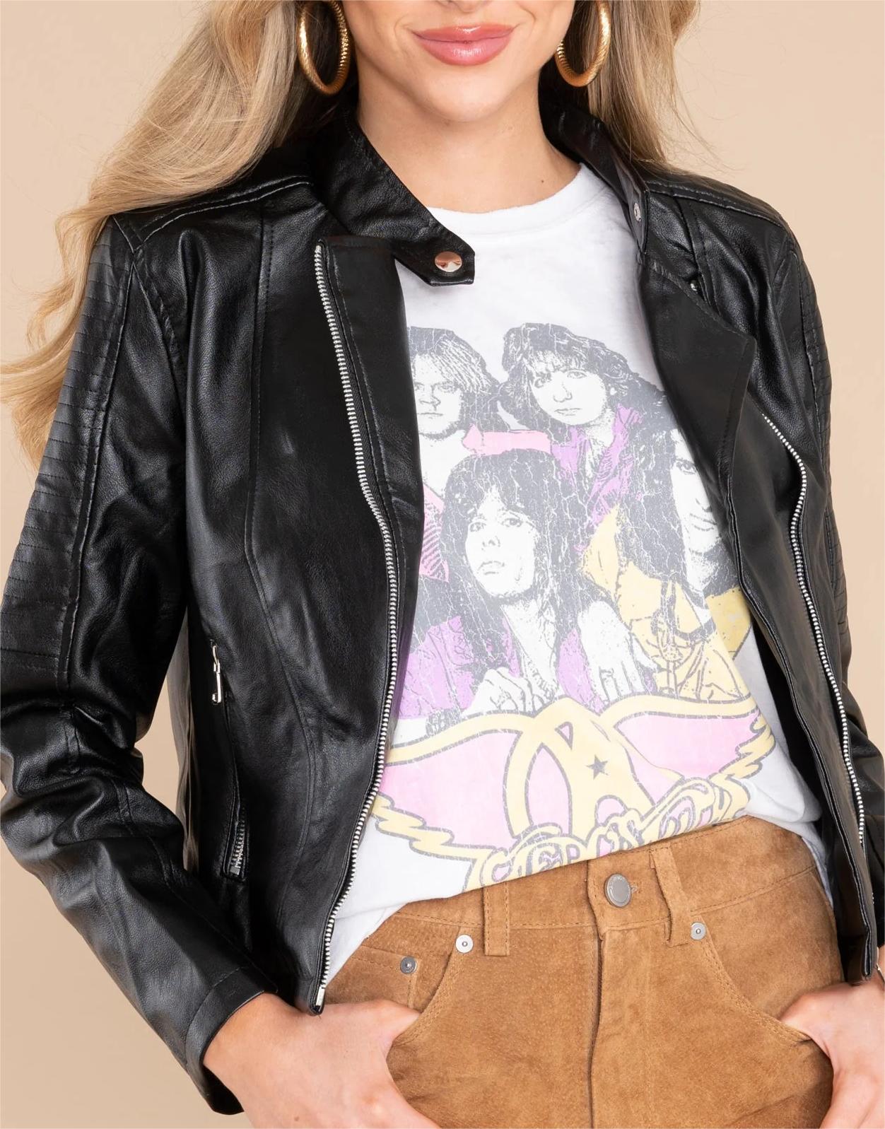 DEFYING THE ODDS BLACK FAUX LEATHER MOTO JACKET