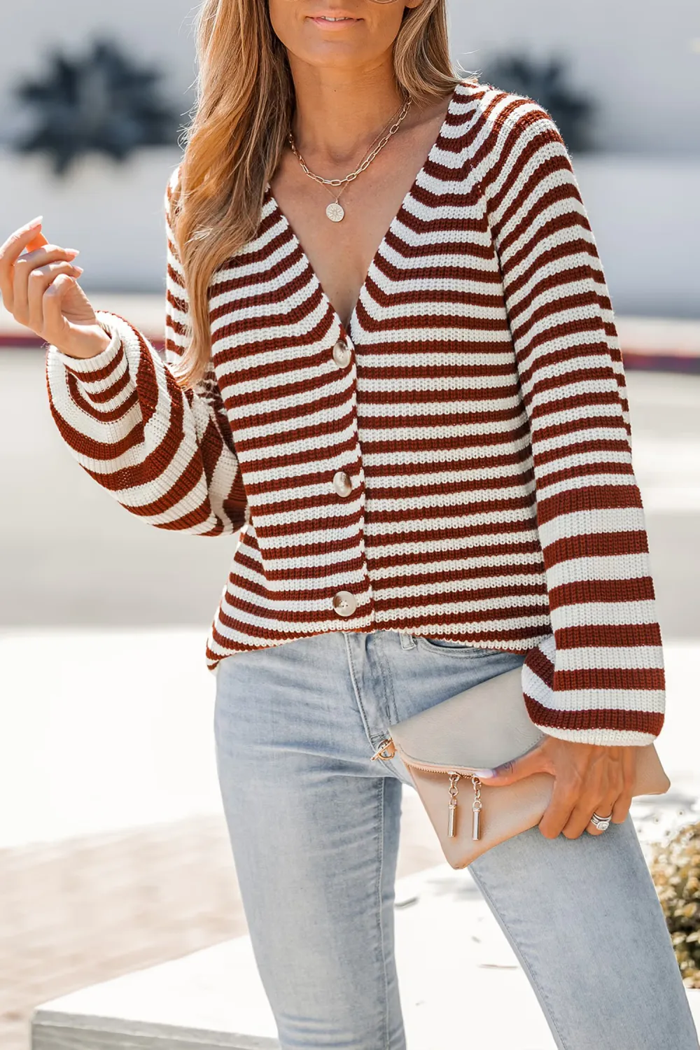 Striped V-Neck Buttoned Cardigan