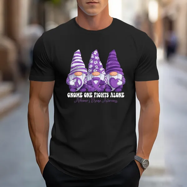 Men'S Gnome One Fights Alone Alzheimer'S Diease Awareness Round-Neck Short-Sleeved T-Shirt