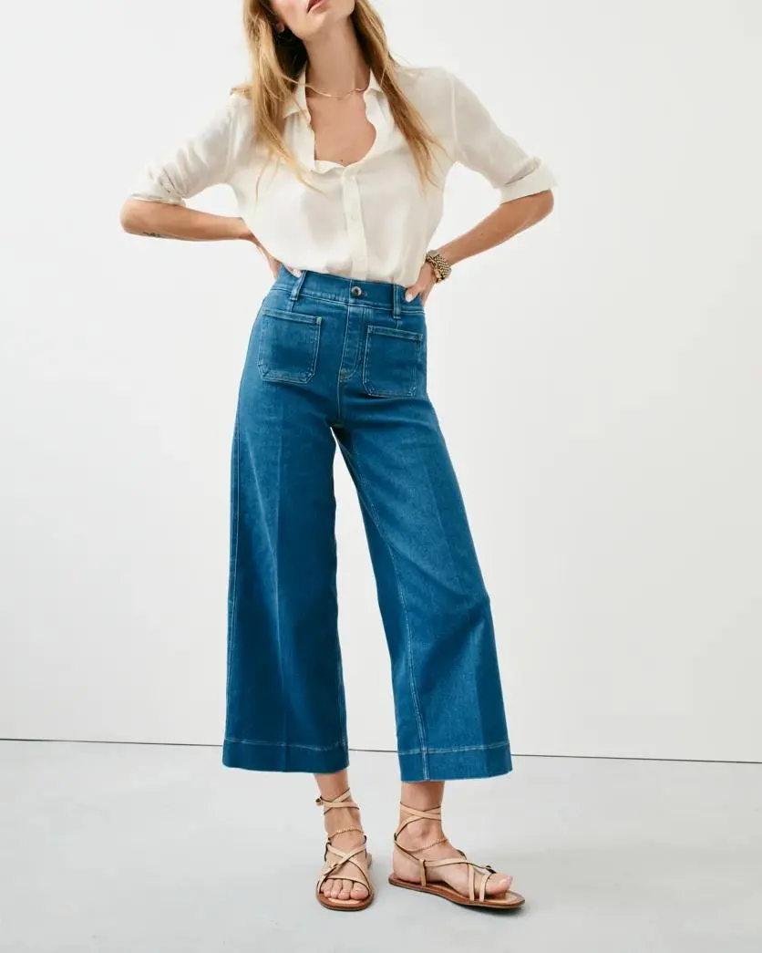 Washed Blue Cropped Wide Leg Jeans