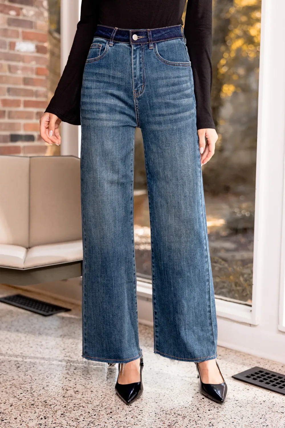 Whiskered Frayed Hem Straight Leg Jeans