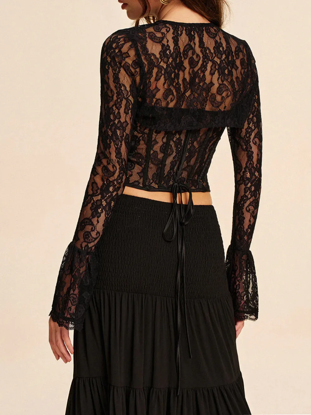 Semi-Sheer Lace Ruffle Sleeve Blouse