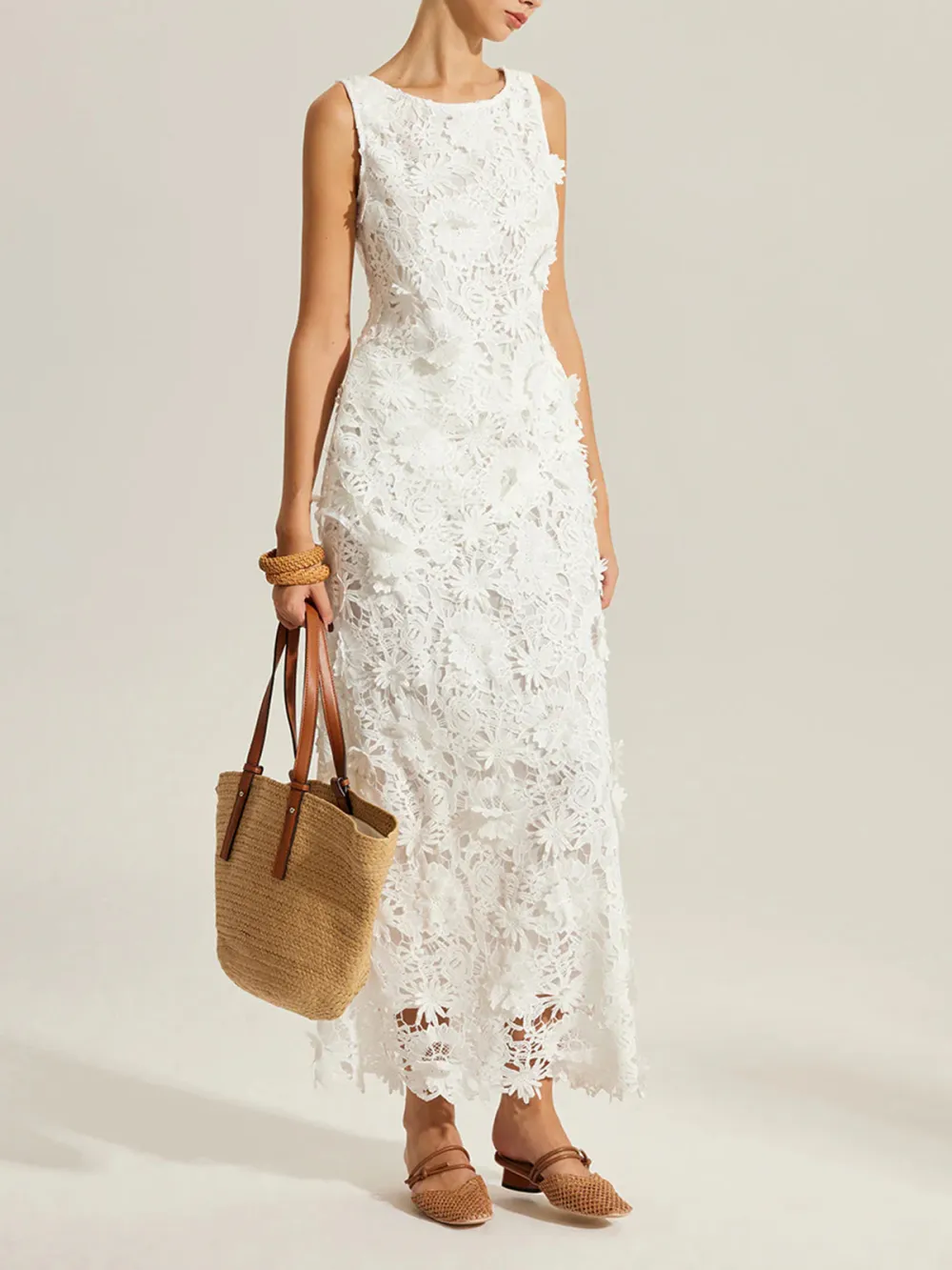 Lace Embroidered Crew Neck Dress