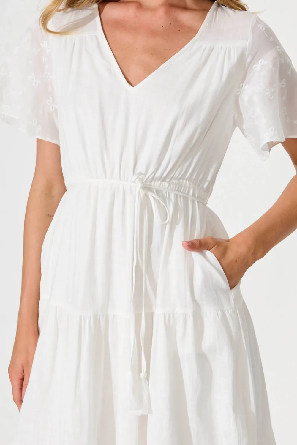 White Flutter Sleeve Tiered Midi Dress