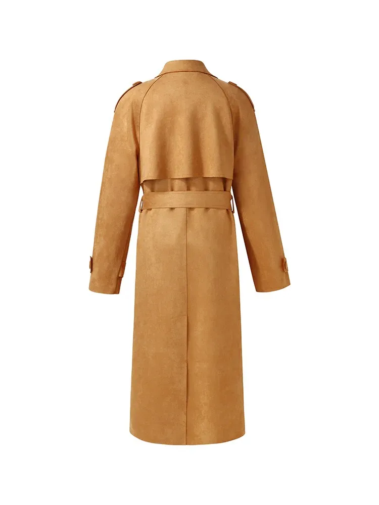 Faux Suede Women Trench Coat With Belt