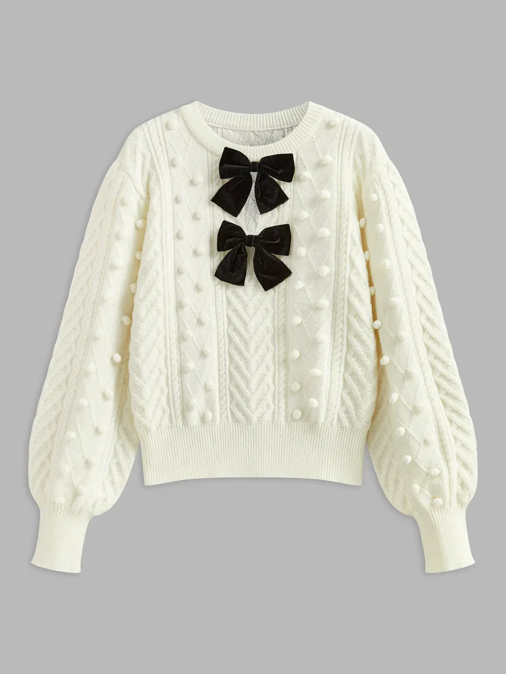 Bow-Decor Round Neck Lantern Sleeve Sweater