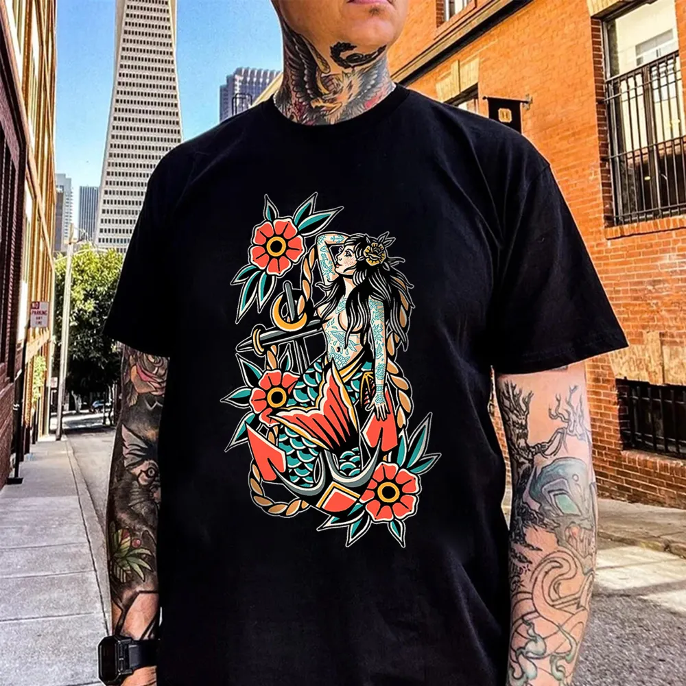 Mermaid Sitting On Anchor Printed Men's T-shirt
