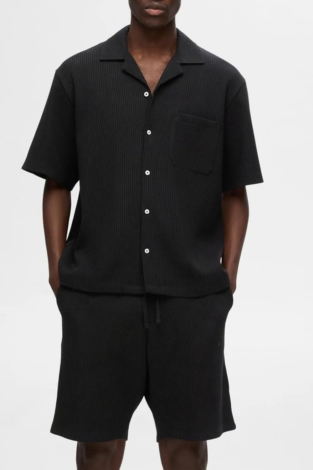 Black Cuban Collar Co-ord Set Shirt