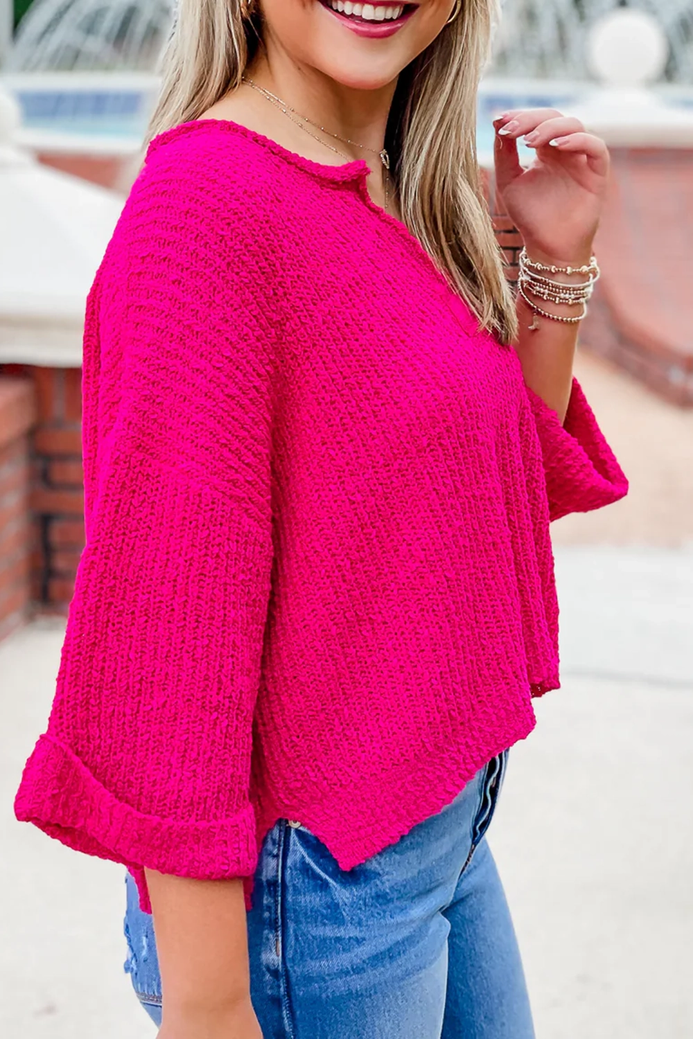 Rose red V-neck sweater