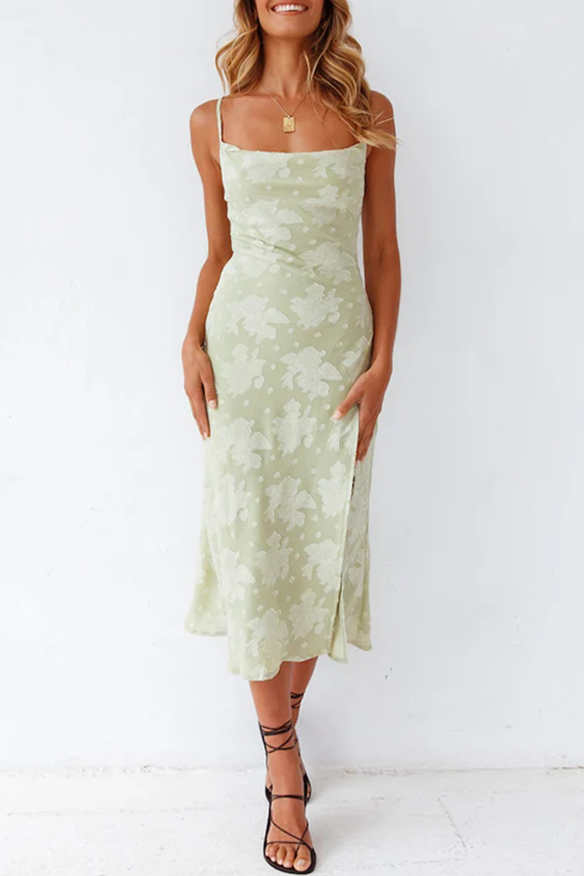 Floral Cowl Neck High Slit Slip Midi Dress - Sage Green