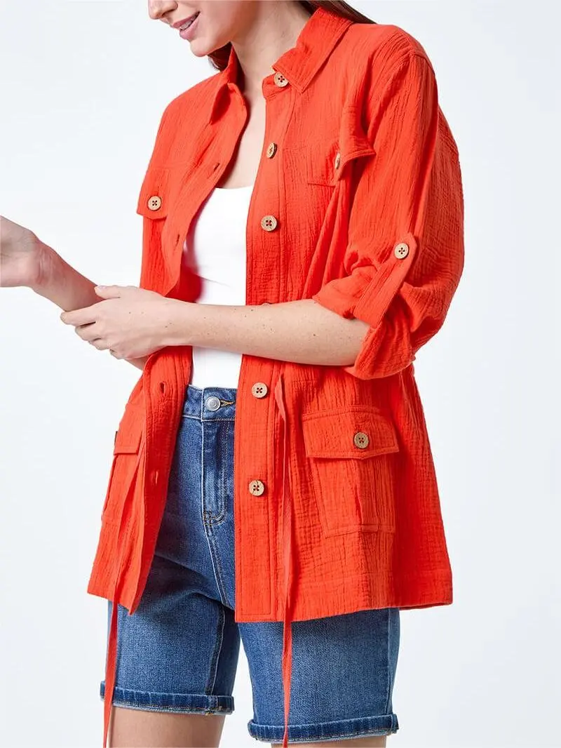 Dark Orange 3/4 Sleeve Textured Tie Waist Shirt Jacket