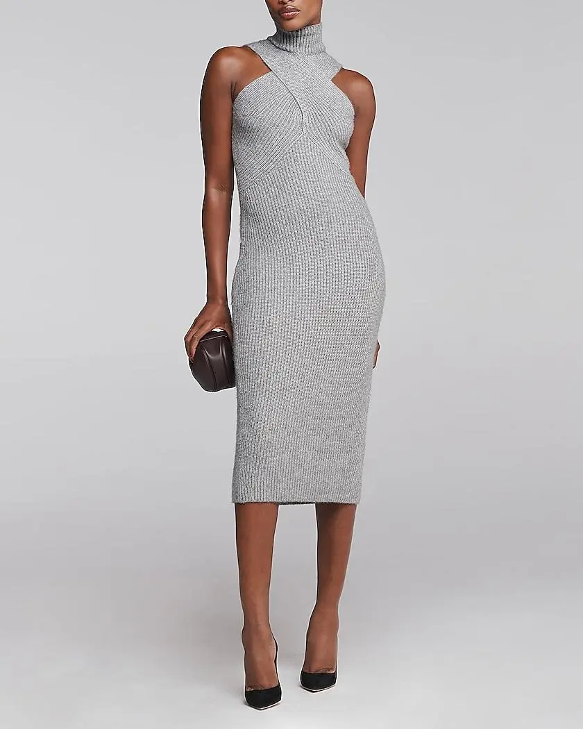 Cross Funnel Neck Sleeveless Midi Sweater Dress