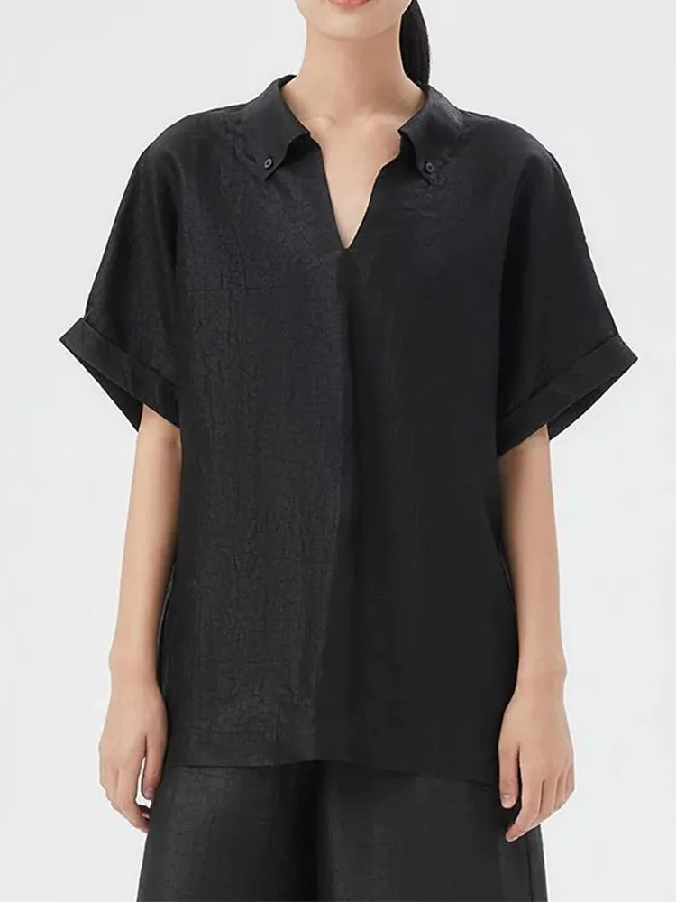 Black Silk Slit Neck Blouse