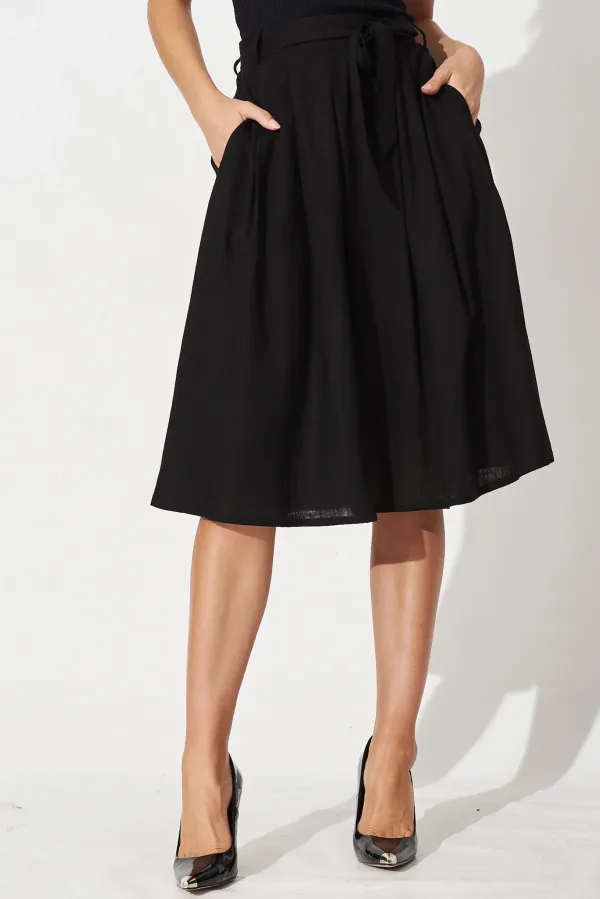 Black Belted Flowy Midi Skirt