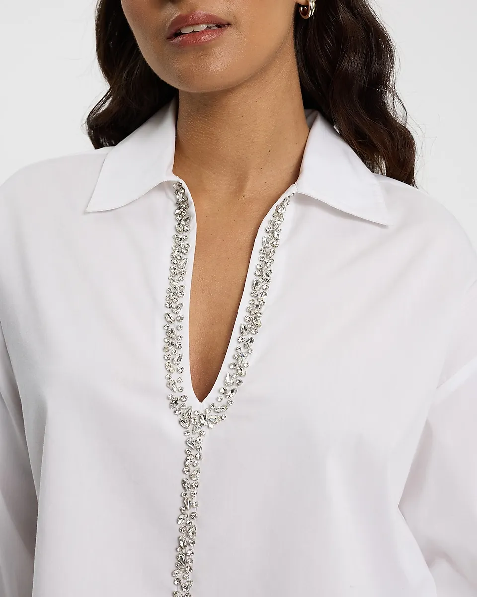 Embellished Collared V-Neck Long Sleeve Cropped Shirt