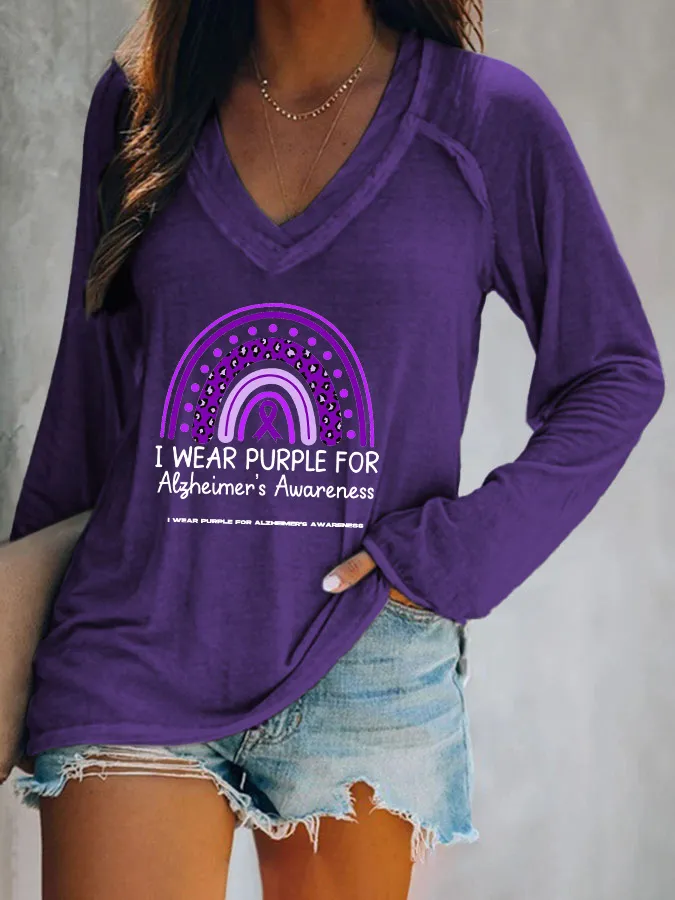 Women'S I Wear Purple For Alzheimer'S Awareness V-Neck T-Shirt