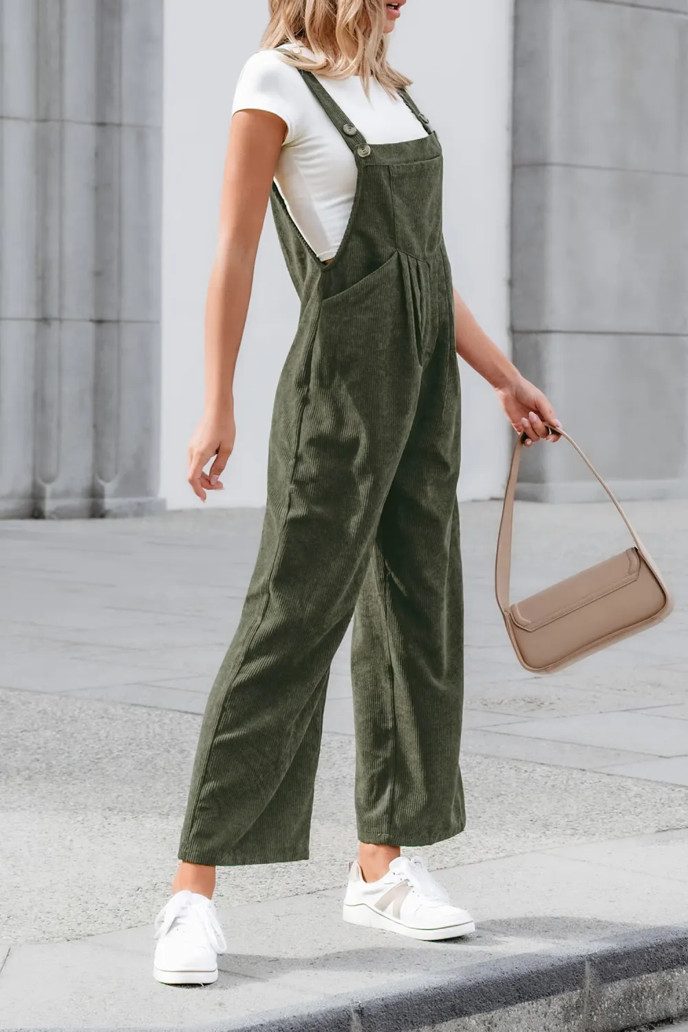 Green Corduroy Square Neck Jumpsuit