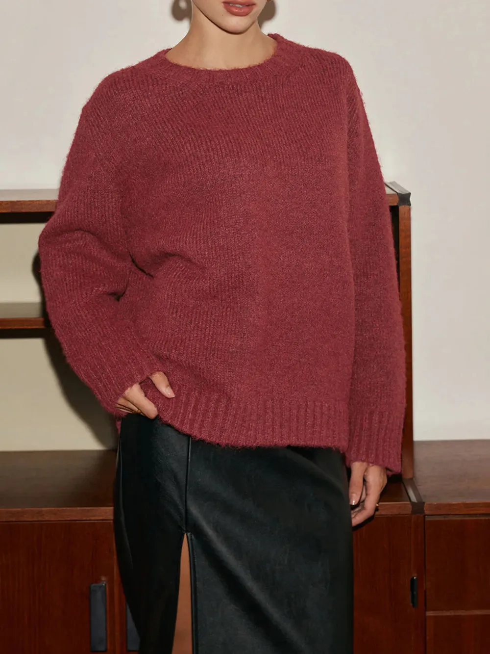 Plain Round Neck Sweater With Detachable Scarf