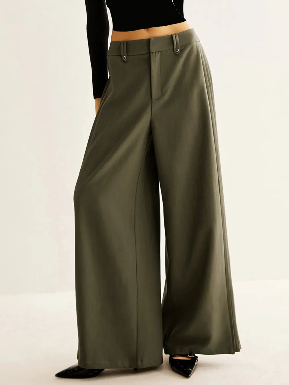 Pleated Detail Plain Wide-Leg Pants