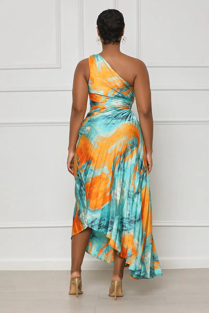 Sunset Watercolor One Shoulder Dress (Blue Multi)