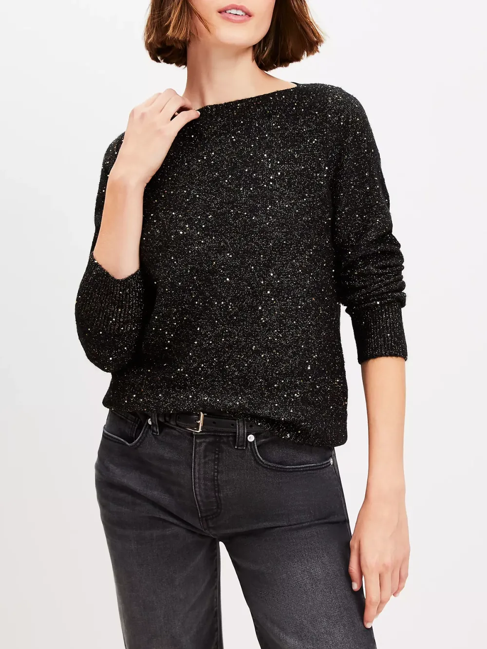 Sequin Boatneck Ribtrim Flare Sleeve Sweater