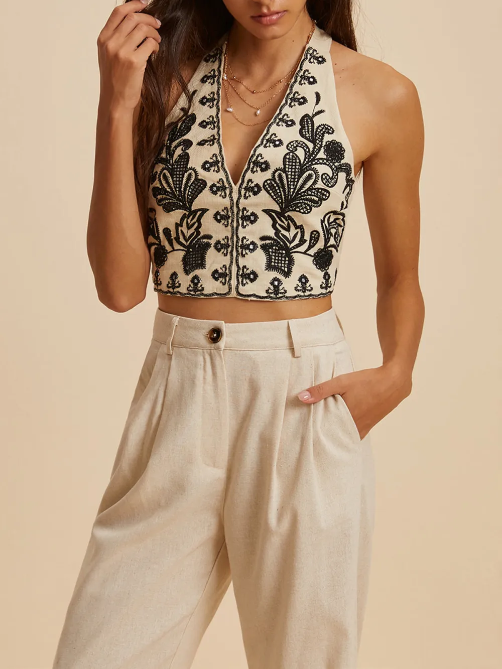 Embroidered Halter Neck Cropped Top