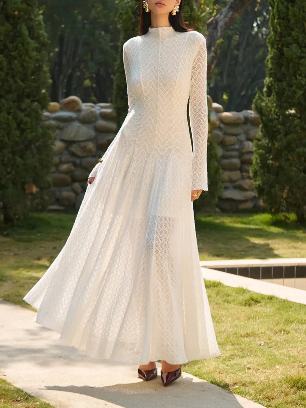 Lace Mock Neck Long Sleeve Dress