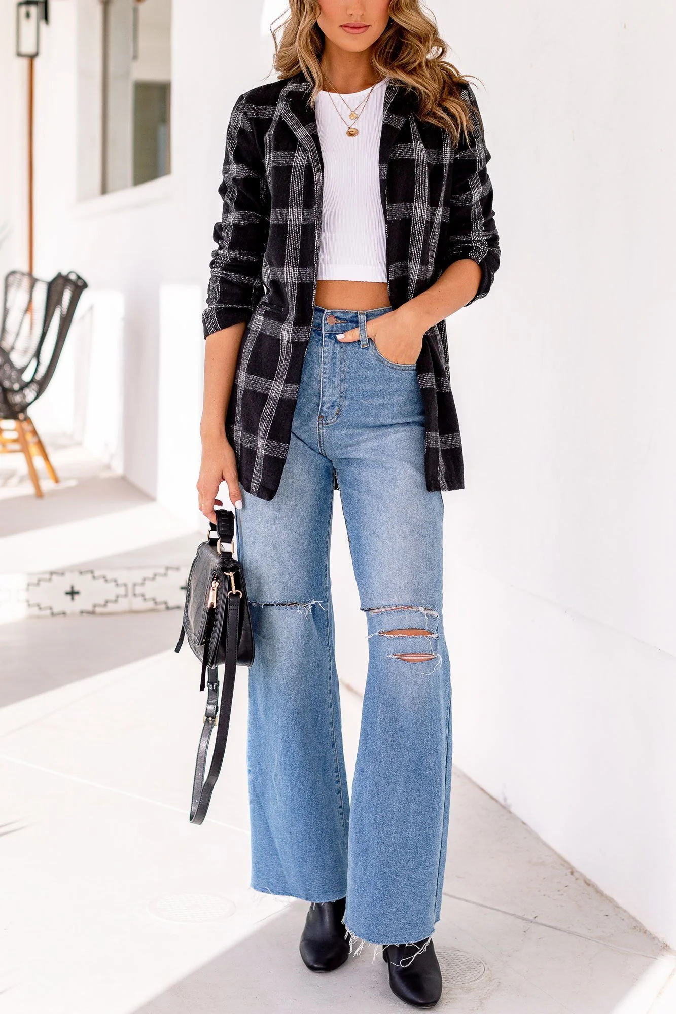 Black Plaid Long Sleeve Blazer