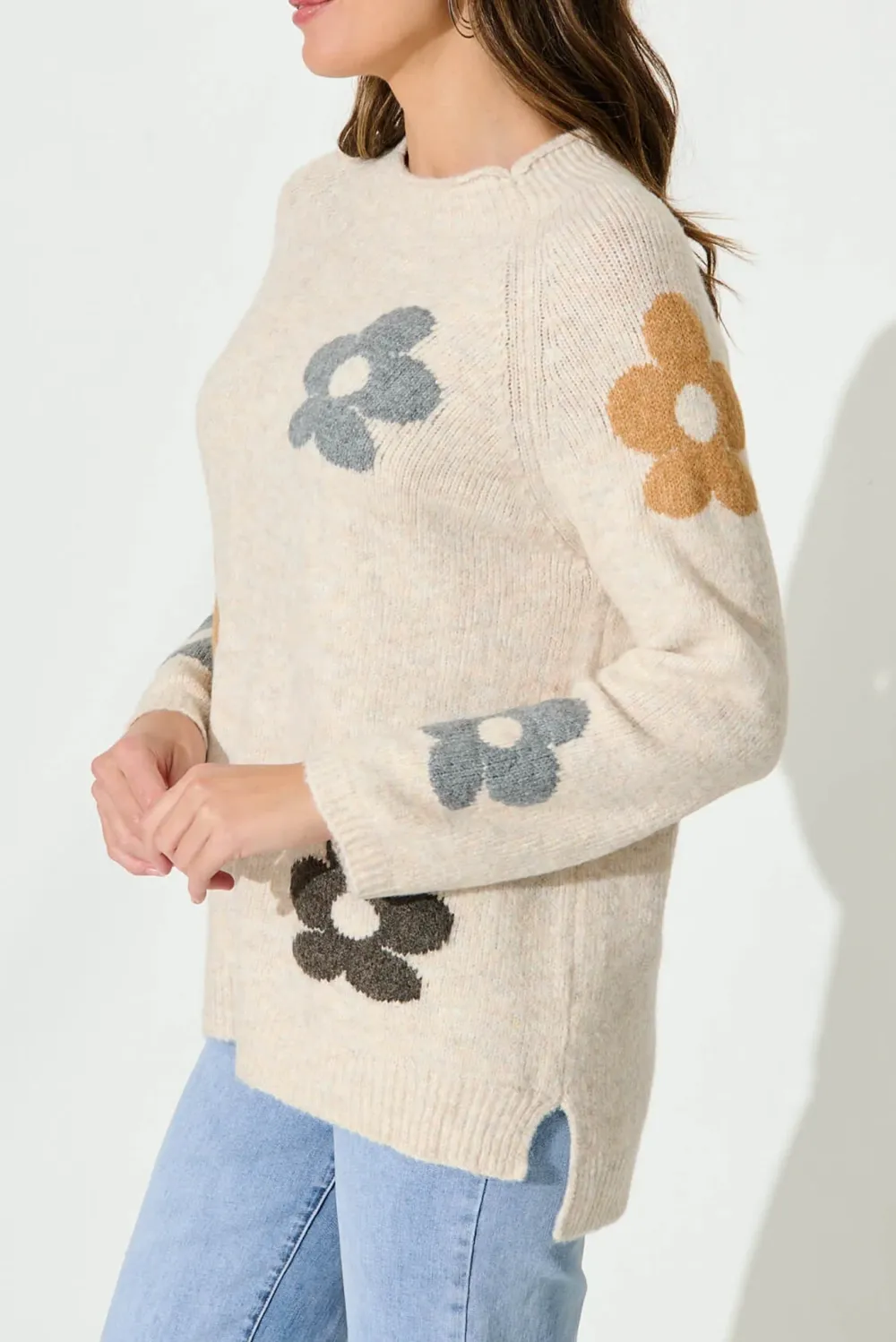 Beige Floral Patterned Knitted Sweater