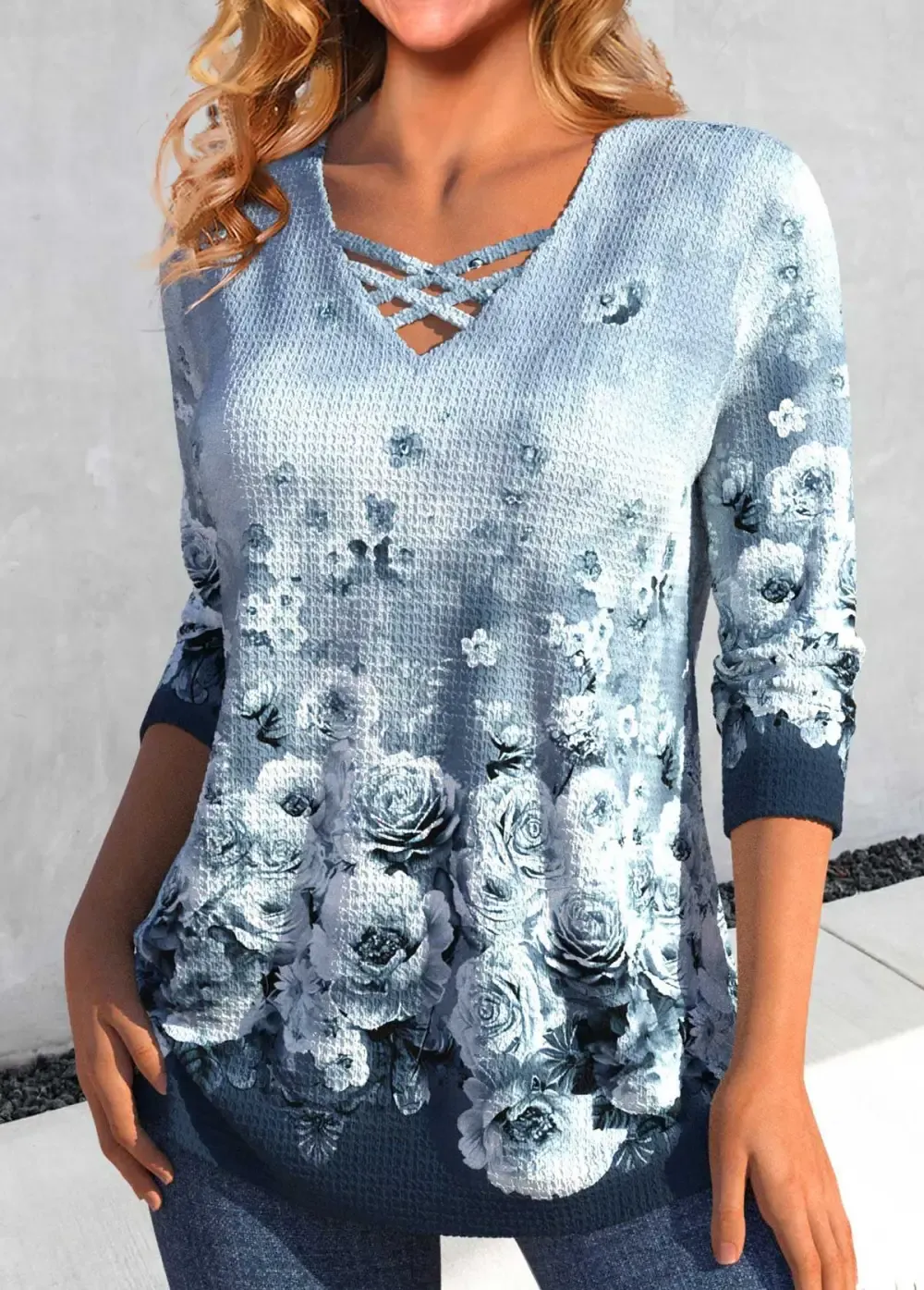 Peacock Blue Criss Cross Floral Print T Shirt