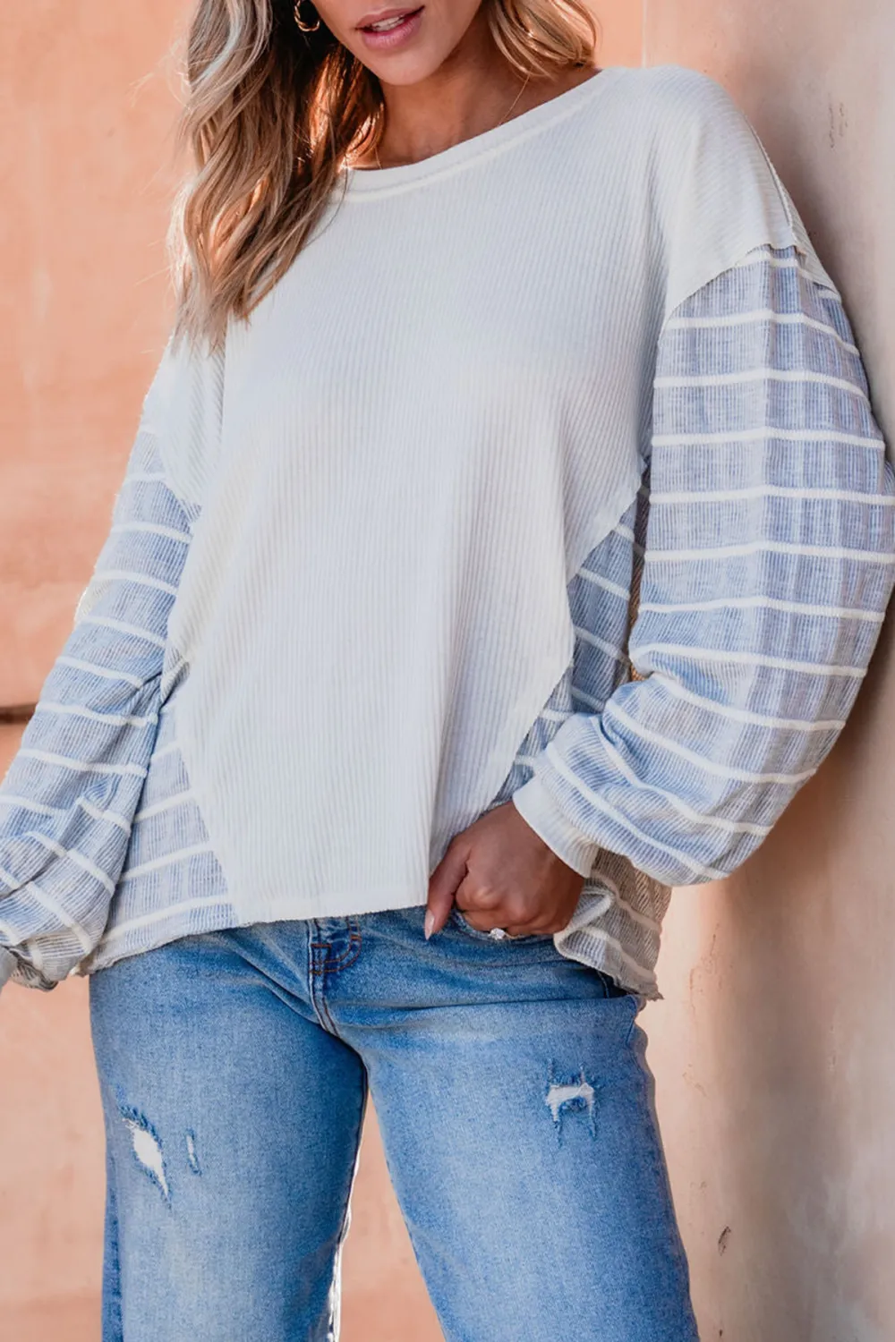 Grey and Cream Contrast Striped Sweater