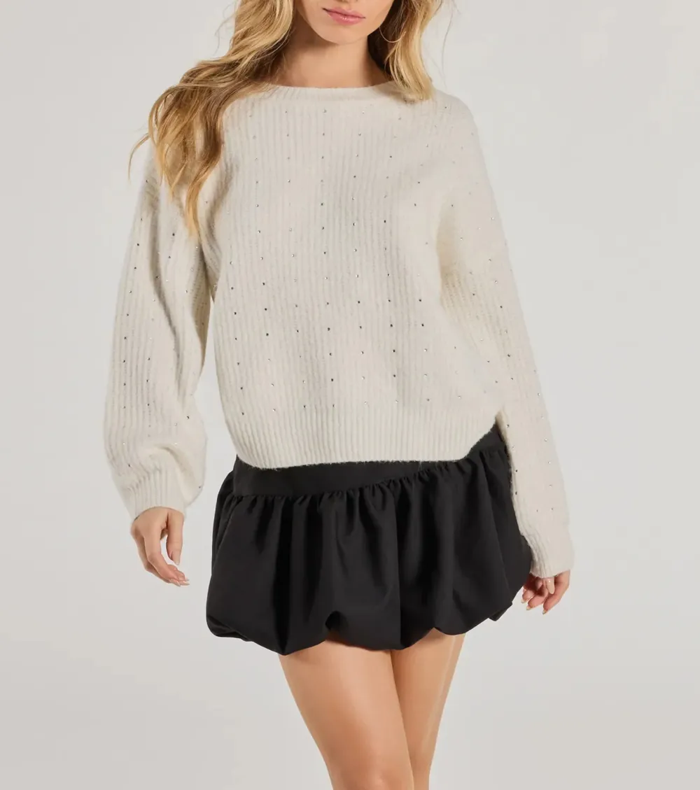 Cozy Sparkle Rhinestone Ribbed Knit Sweater