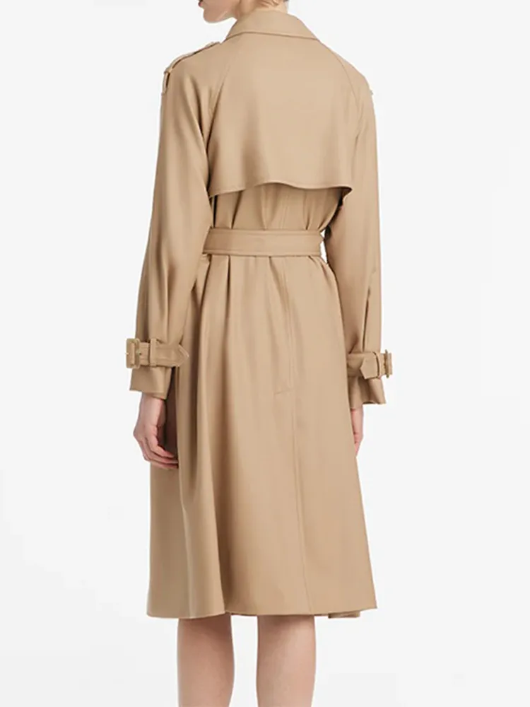 Worsted Wool Lapel Women Trench Coat With Belt