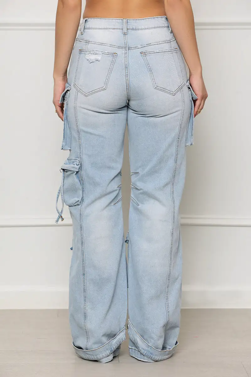 Always On Go Distressed Cargo Jeans (Light Wash)