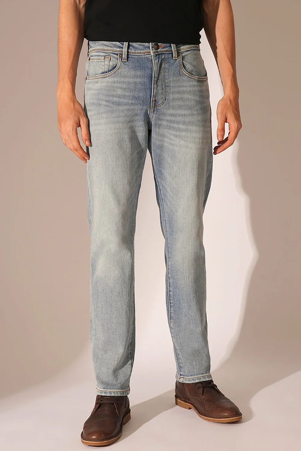 Light Blue Mid Rise Straight Fit Jeans