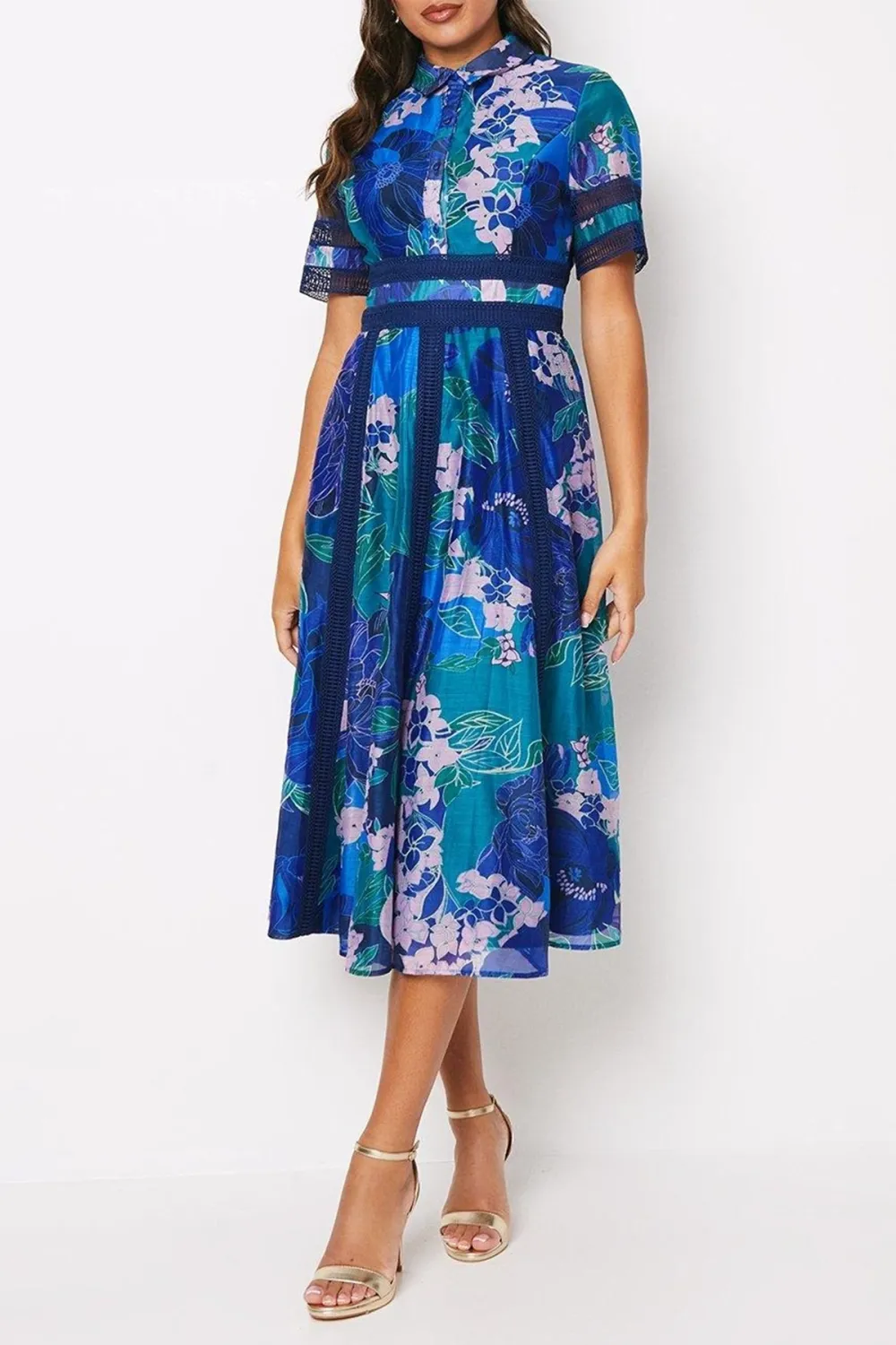 Printed Organza Lace Trim Mix Shirt Dress