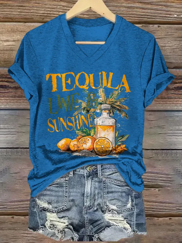 Women's Tequila Short Sleeves V-Neck Pure Cotton T-Shirt