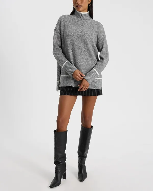 Tipped Mock Neck Tunic Sweater