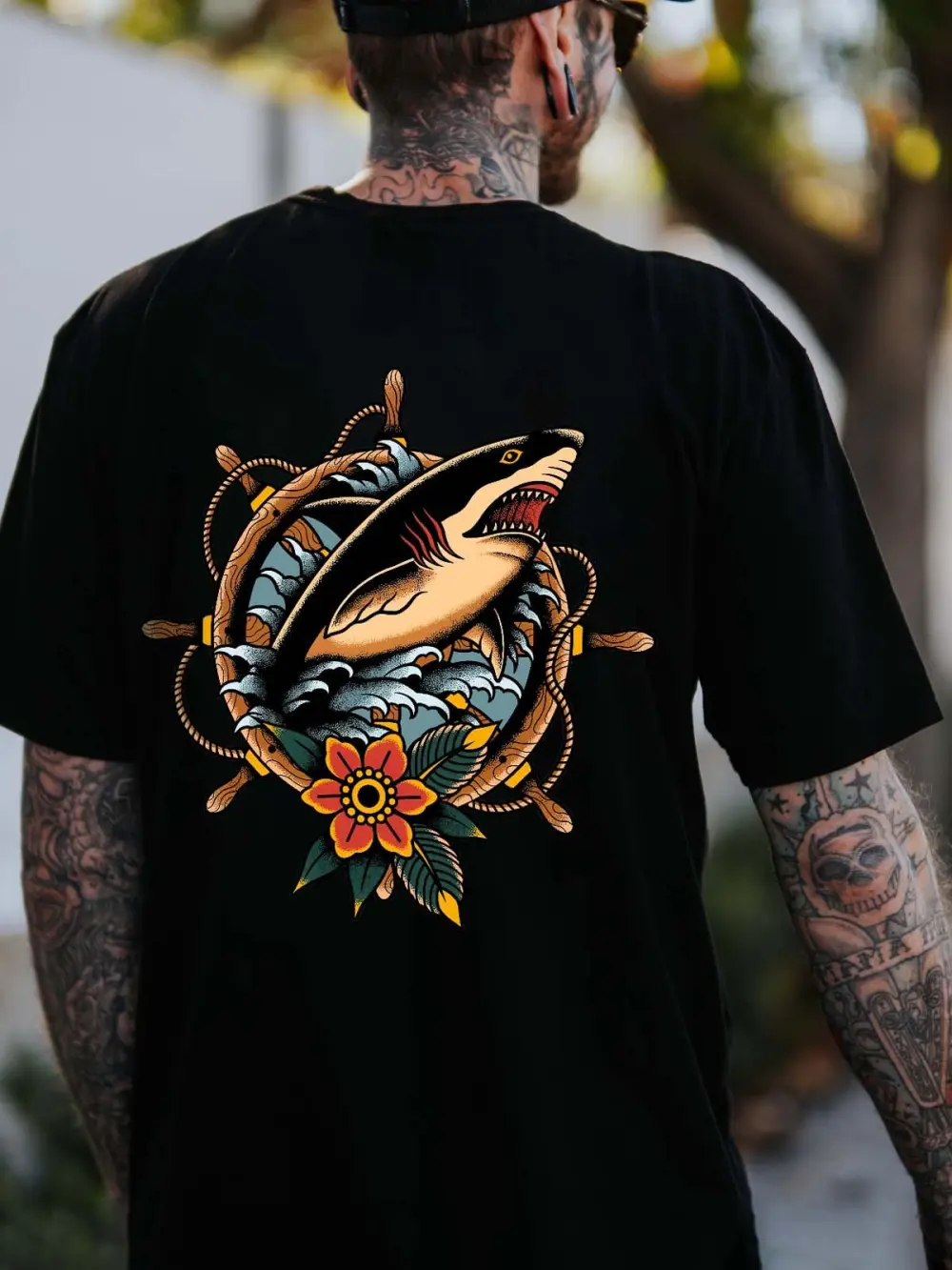 Retro Anchor Shark Printed Men's T-shirt