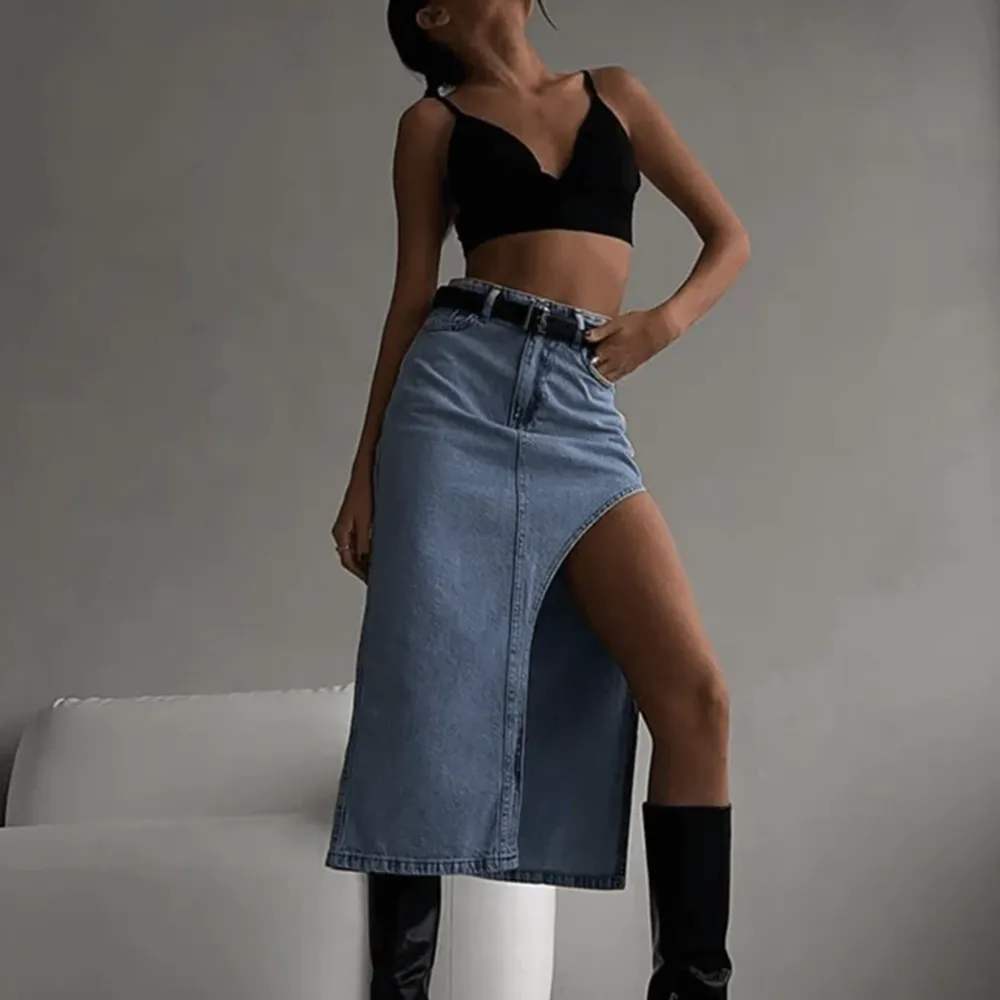 Denim Dreamz High Waist Slit Midi Skirt