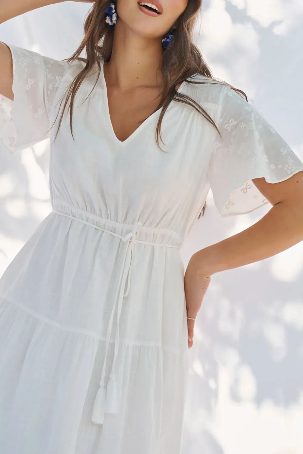 White Flutter Sleeve Tiered Midi Dress