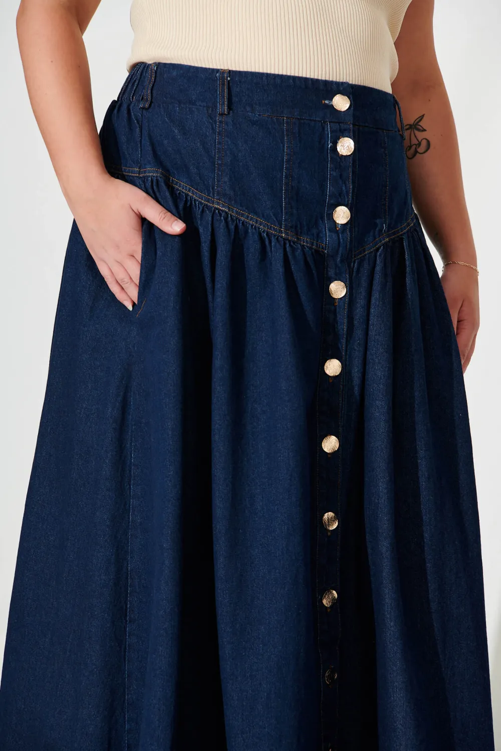 Navy Blue Button Front Denim Midi Skirt