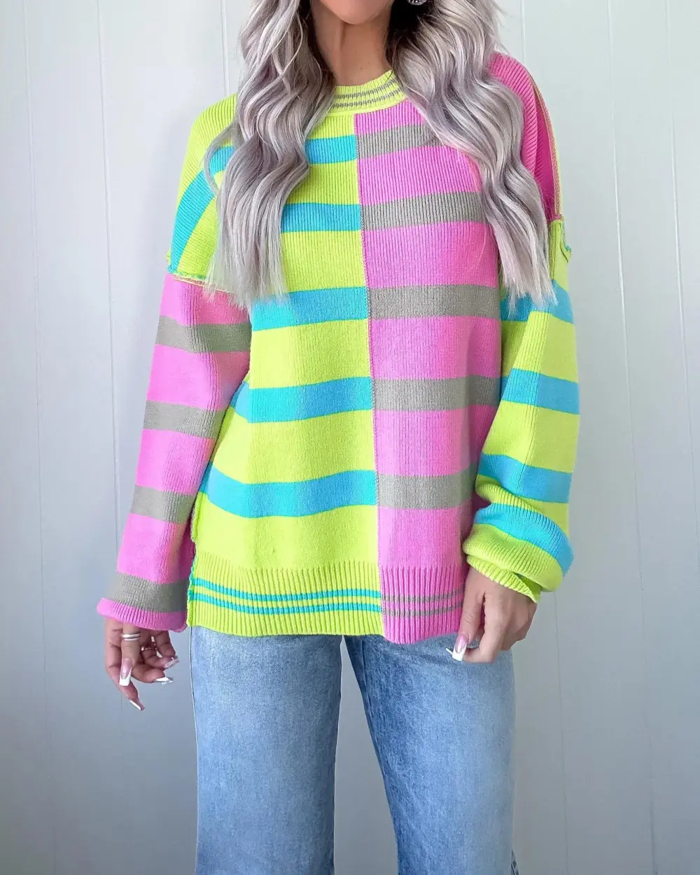 Gilded Horizon Colorblock Striped Sweater - Lime