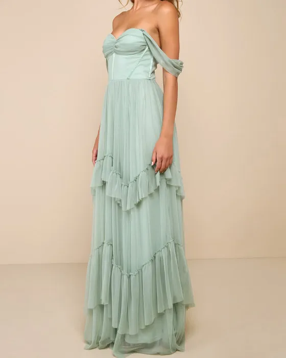 Stunning Personality Sage Green Mesh Off-the-Shoulder Maxi Dress
