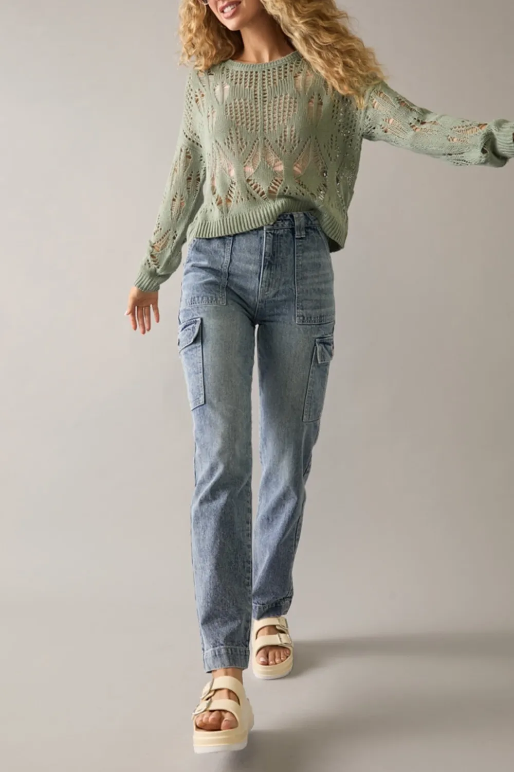 Jen Mid Rise Straight Leg Cargo Denim Jeans