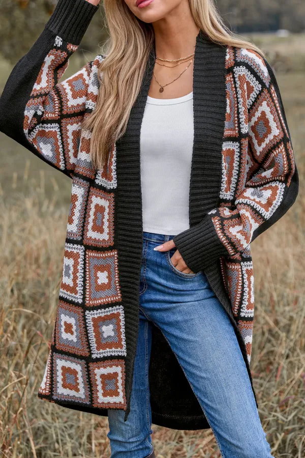 Patchwork Open Front Long Sleeve Knit Duster