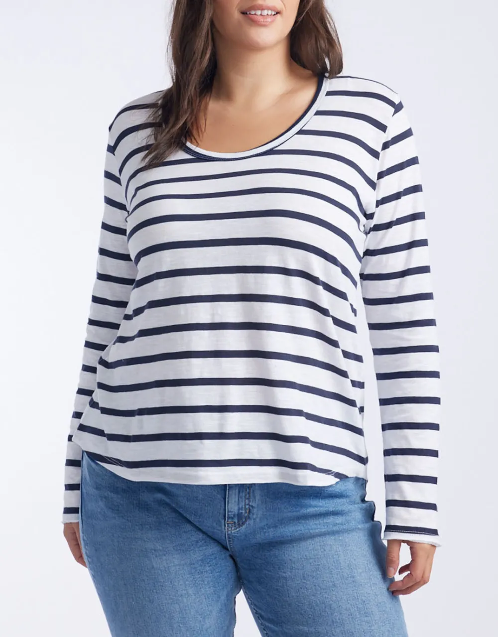 Original Round Neck Long Sleeve T-Shirt - Navy/White Stripe