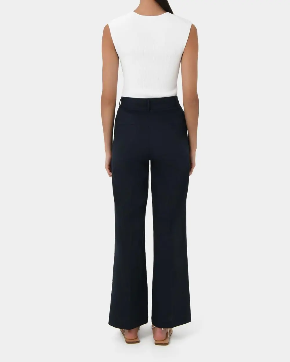 High Waisted Design Linen Tailored Pants -Navy