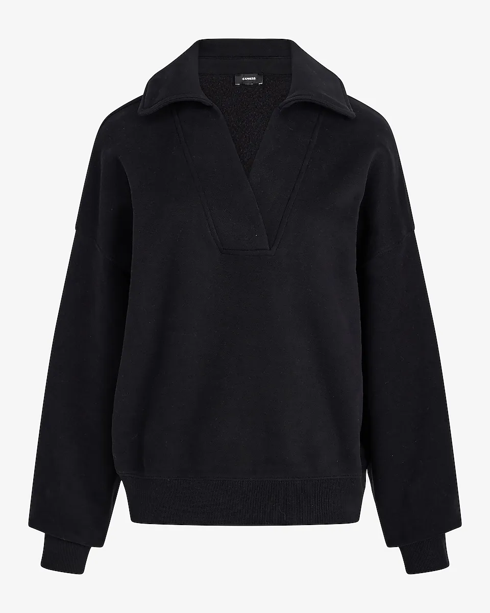 Relaxed V-Neck Fleece Polo Sweatshirt