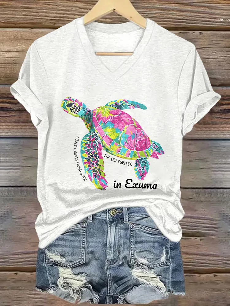 Women's I Just Wanna Swim With The Sea Turtles Short Sleeves V-Neck Pure Cotton T-Shirt